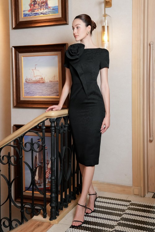 Black 3D Flower Woven Pencil Dress