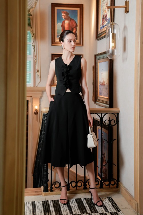 Black Silk Flared Skirt