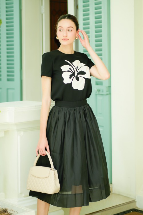 Black 3D Flower Silk Blouse