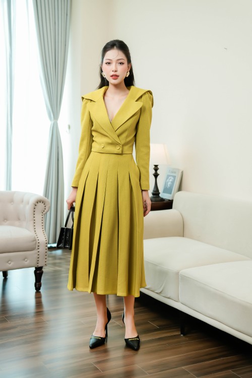 Dark Yellow Pleated Midi Raw Skirt