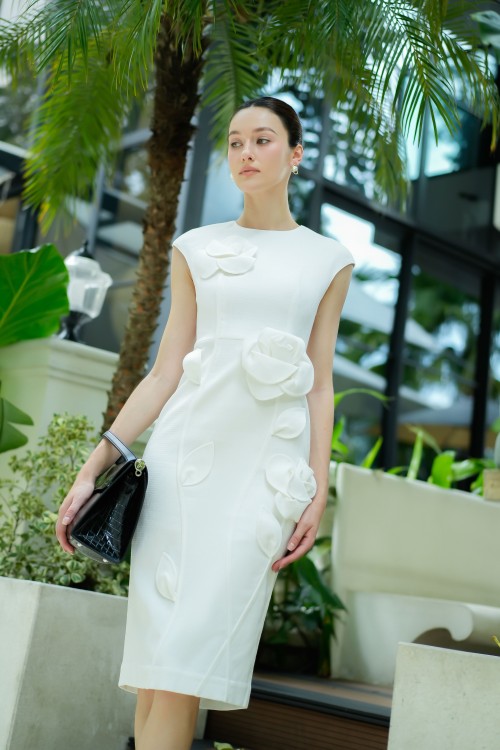 White 3D Flower Woven Midi Dress