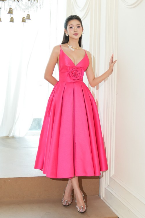 Plunging Midi Taffeta Dress