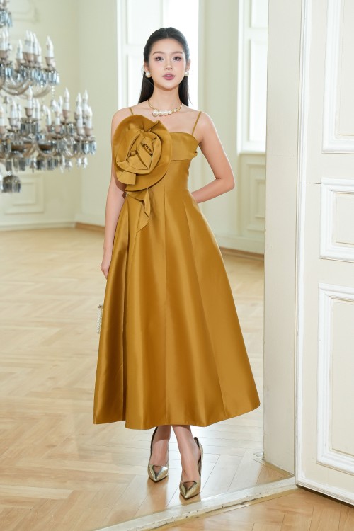 Dark Yellow Strappy Midi Taffeta Dress