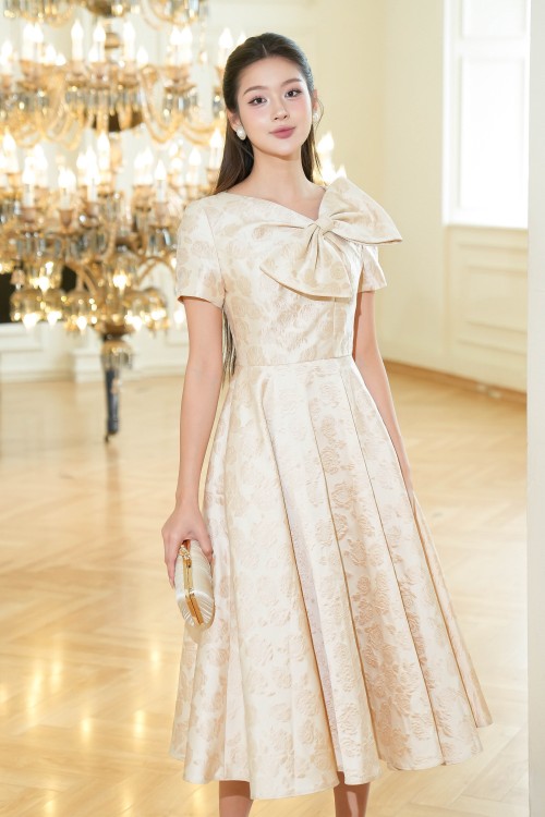 Beige Bow-tie Brocade Midi Dress