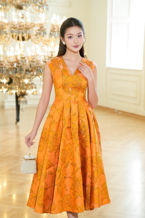 Orange Lily V-neck Midi Brocade Dress