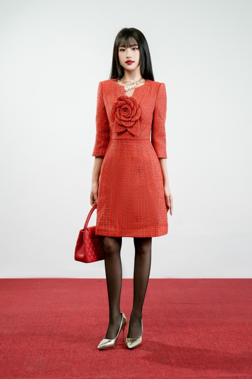 Red Orange Mini Tweed Dress With Flower