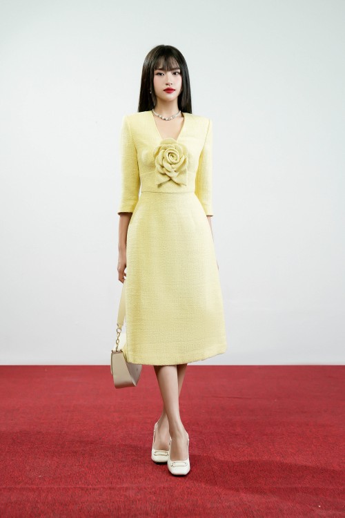 Neon Yellow Midi Tweed Dress With Flower