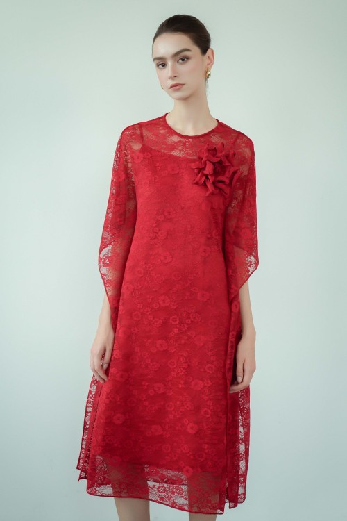 Red Lace Loose Dress With Flower