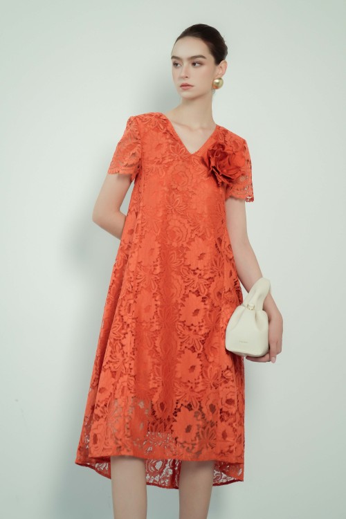 Orange Lace Loose Dress With Flower