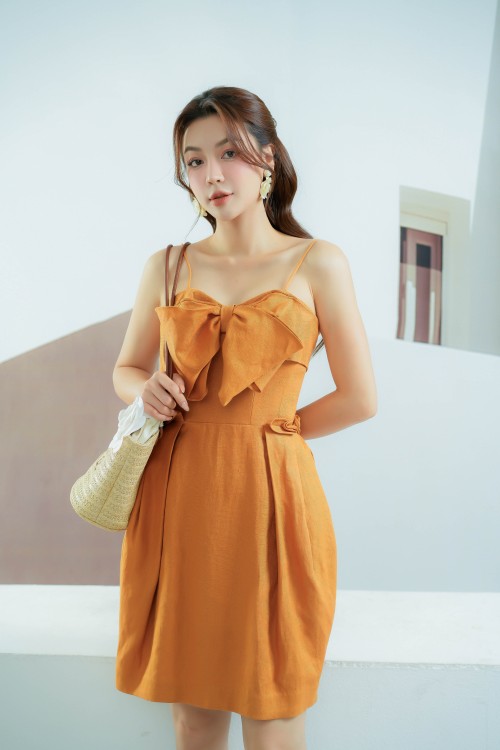 Dark Yellow Strappy Mini Linen Dress