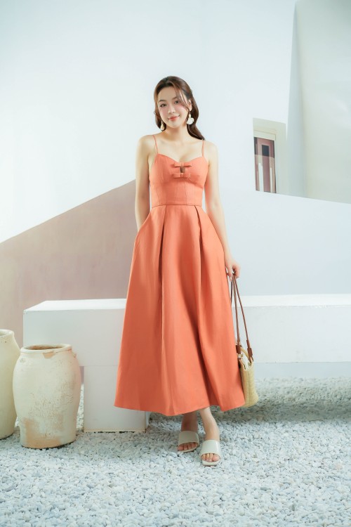 Salmon Strappy Midi Linen Dress