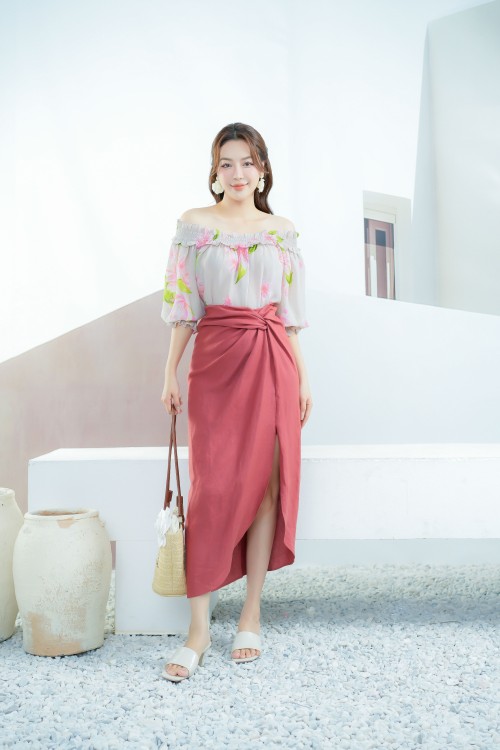 Brick Split-side Midi Linen Skirt