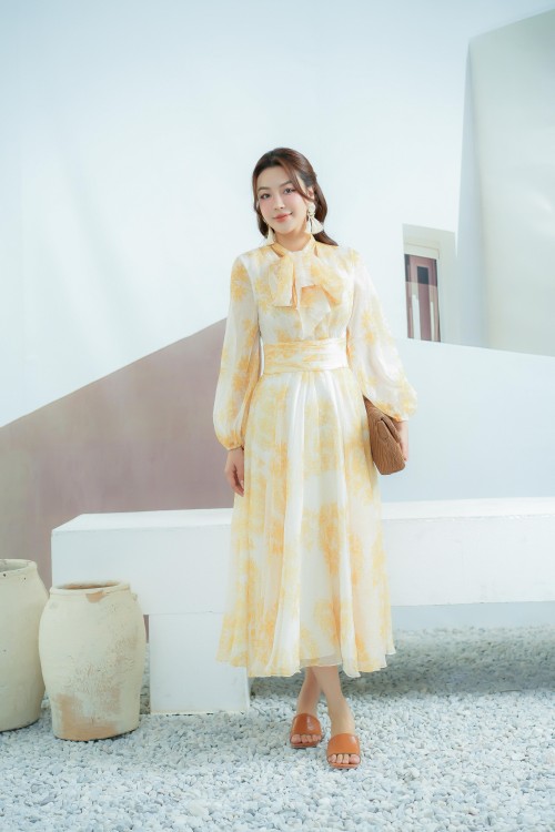 Yellow Floral Bowtie Midi Voile Dress