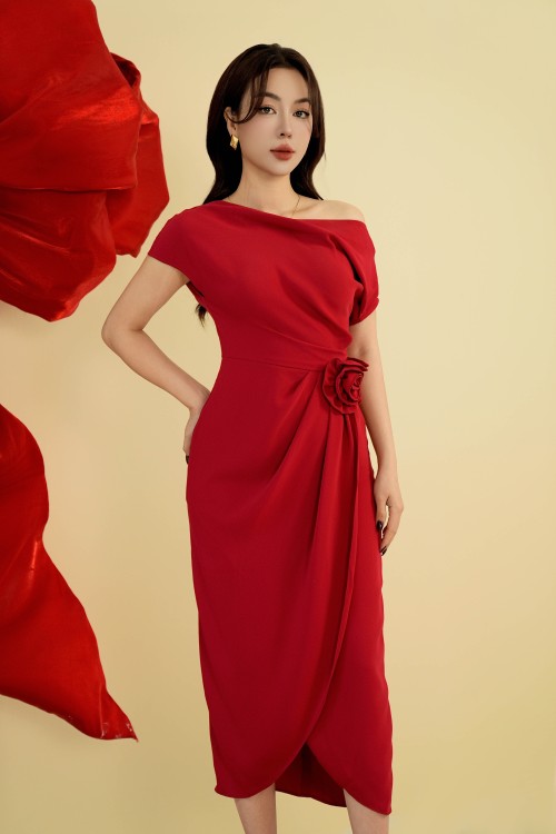 Red Silk Midi Dress With Flower