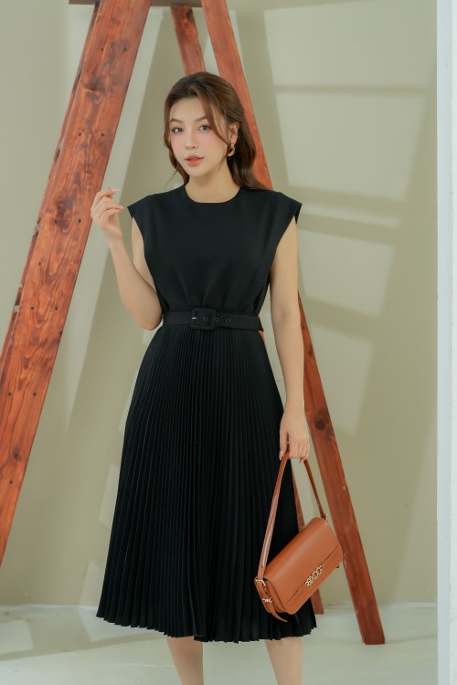 Black Cap Sleeves Midi Woven Dress