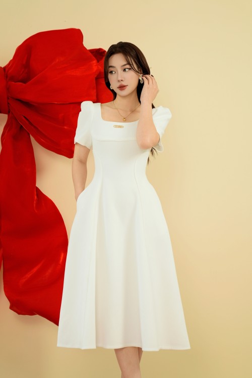 White U-neckline Midi Woven Dress