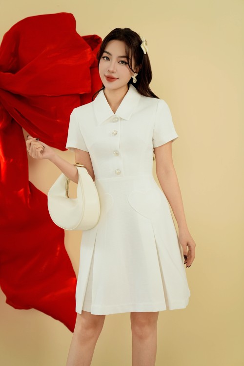 White Short Sleeves Mini Raw Dress 1