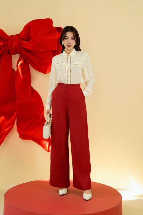 Dark Red Wide Leg Silk Pants