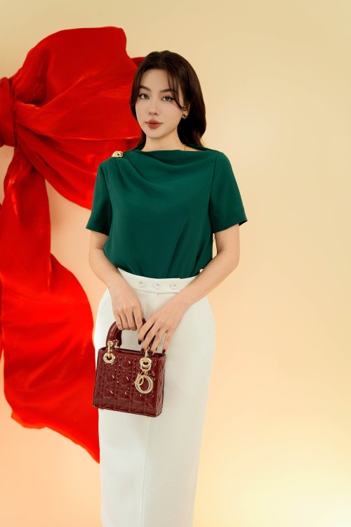 Dark Green Short Sleeves Silk Top