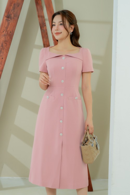 Pink Split-front Midi Dress