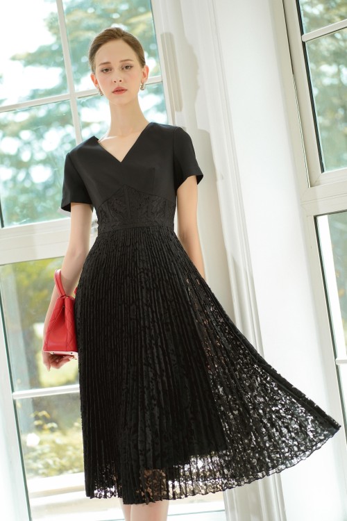 Black Pleated Lace Flared Dress