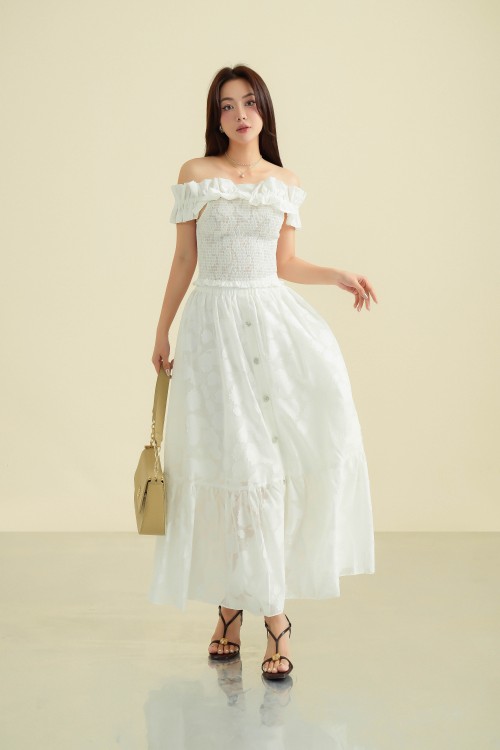 G-White Floral Organza Flared Skirt