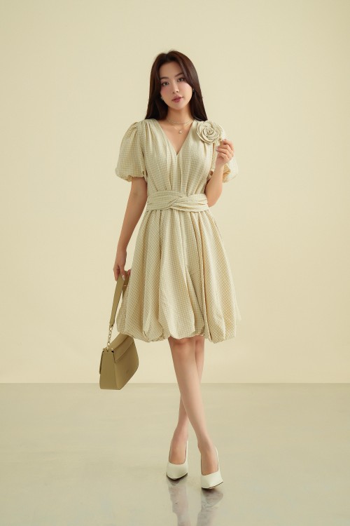 Light Yellow Mini Woven Dress With Flower