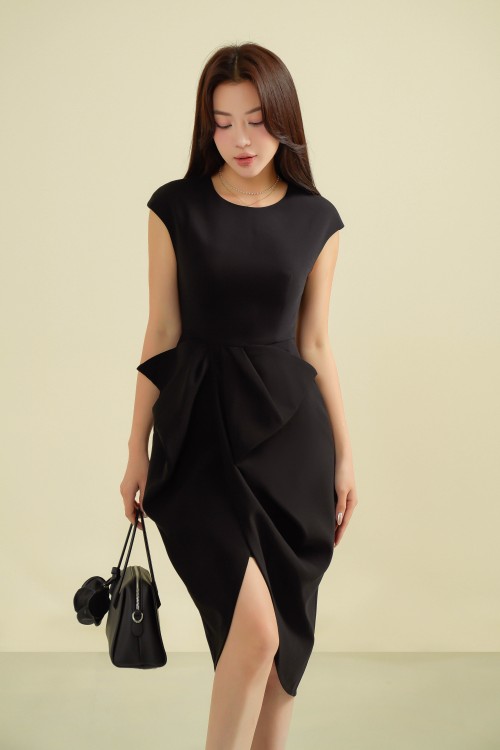 Black Split-front Midi Taffeta Dress