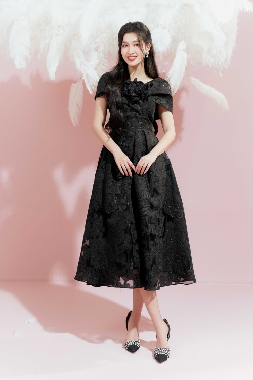 Black Brocade Midi Dress With Flower