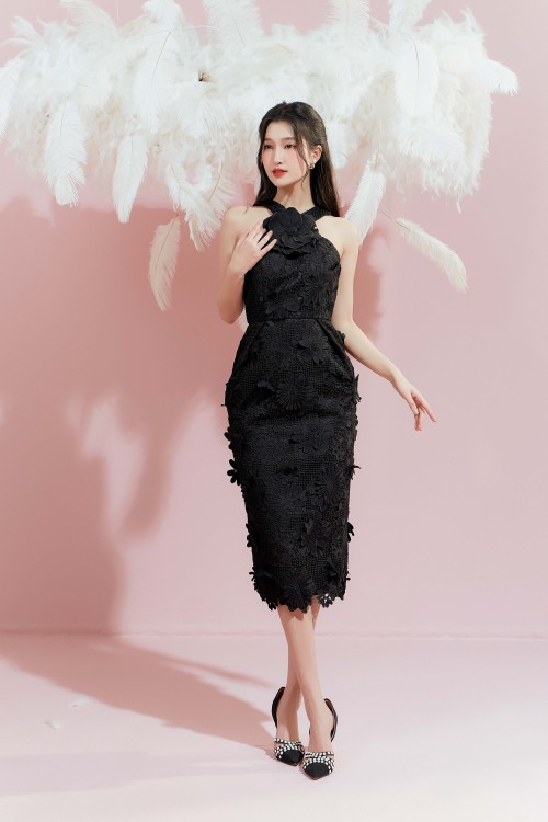 Black Midi Lace Dress With Flower