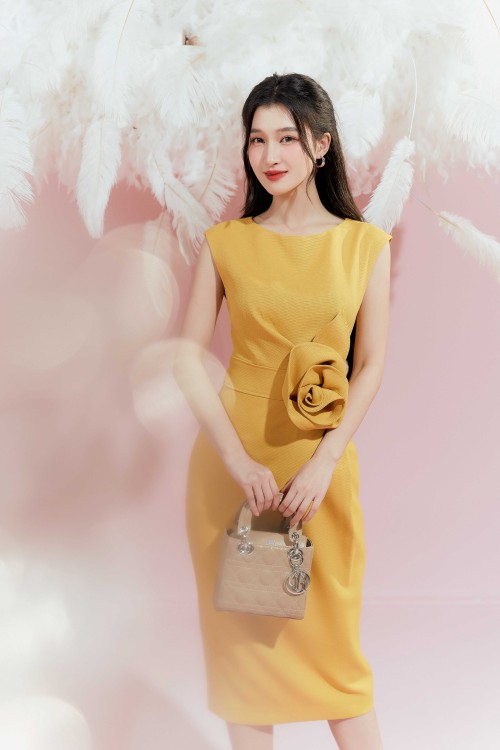 Yellow 3D Flower Raw Midi Dress