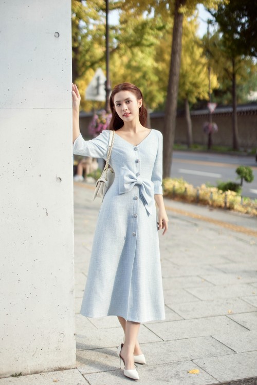 Light Blue Midi Tweed Dress