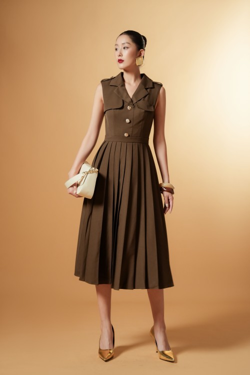 Dark Brown Pleated Tuytsi Flared Dress