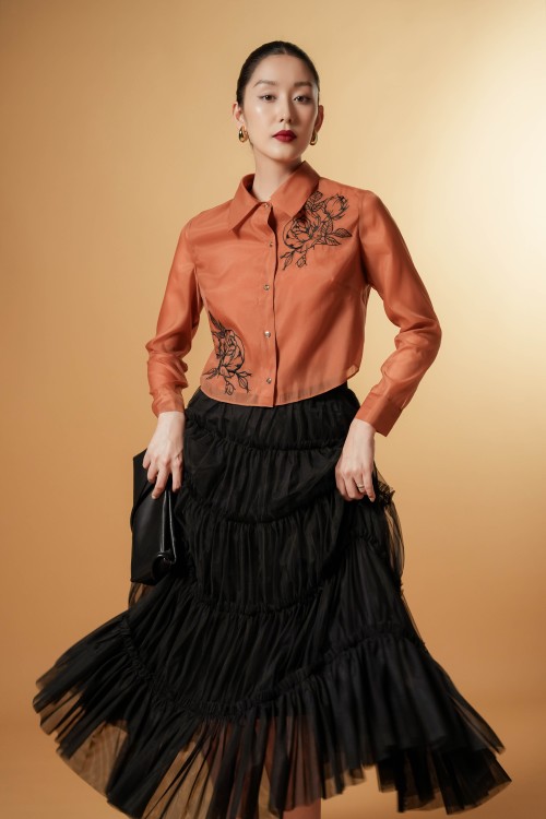 Ochre Flower Embroidery Organza Shirt