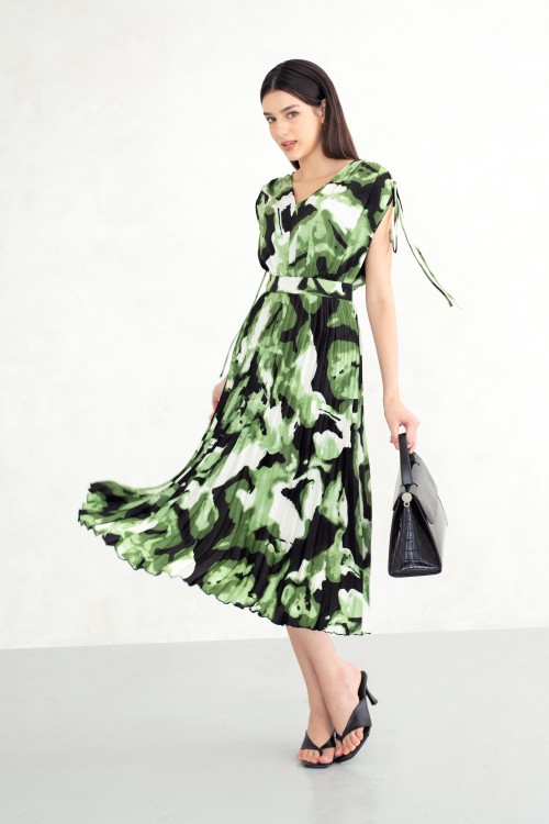 Black & Green Pleated Silk Midi Dress