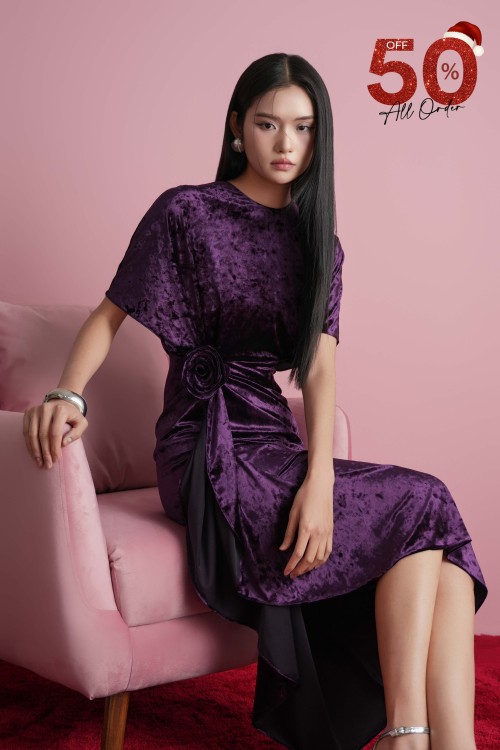 Dark Purple Velvet Sarong Dress With Flower