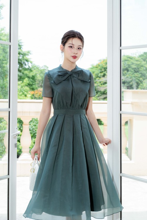 Dark Green Bow-tie Organza Midi Dress