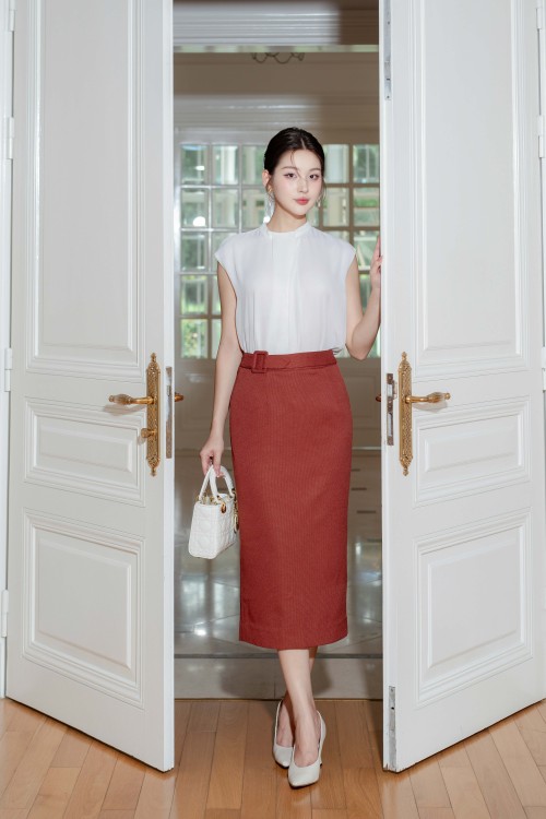 Orangish Brown Straight Woven Midi Skirt