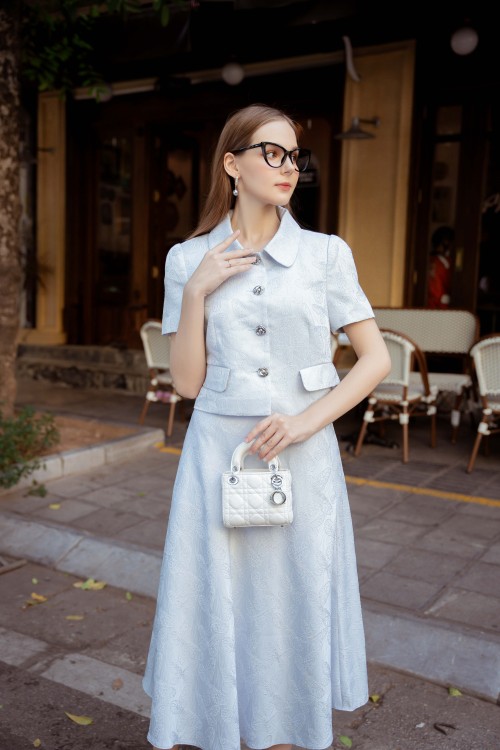 Light Blue Brocade Midi Skirt