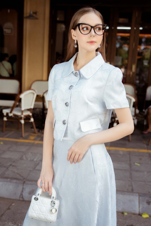 Light Blue Short Sleeves Brocade Vest