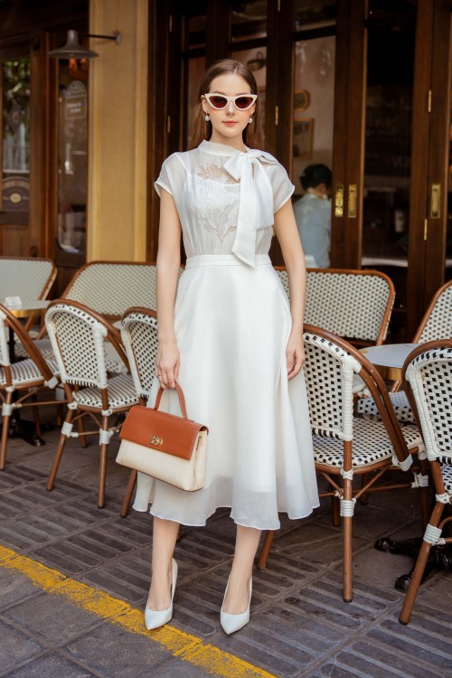 White Flower Embroidery Organza Midi Dress