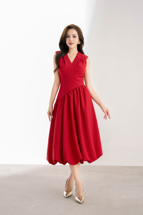 Dark Red V-neck Midi Woven Dress