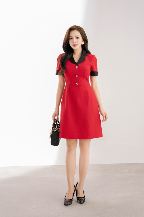 Red Revers Collar Mini Woven Dress