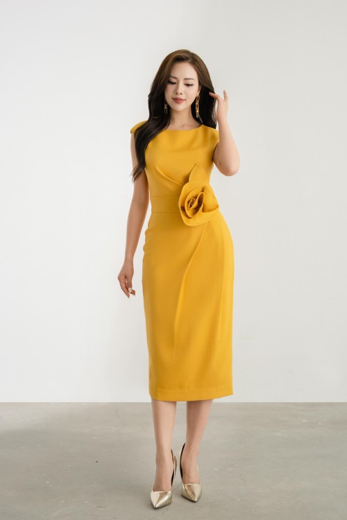 Yellow 3D Flower Raw Midi Dress