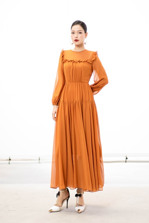 Ochre Bishop Sleeves Midi Voile Dress