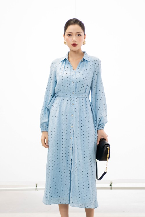 Blue Polka Dot Midi Chiffon Dress