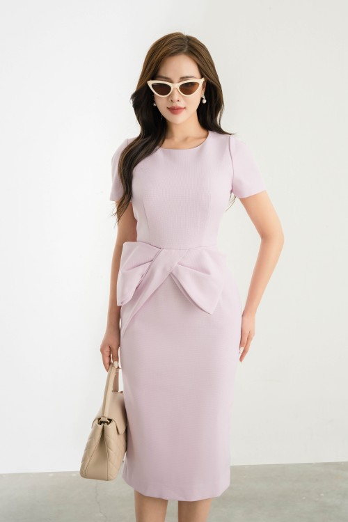 Light Pink Midi Raw Dress With Bow