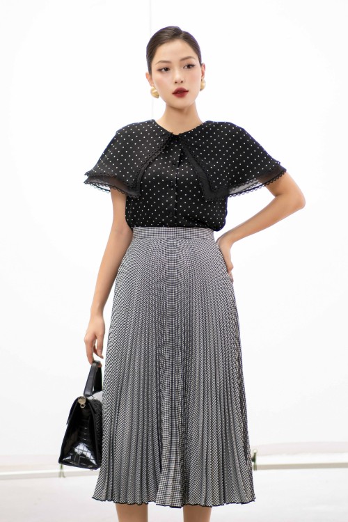 Black Pleated Midi Woven Skirt