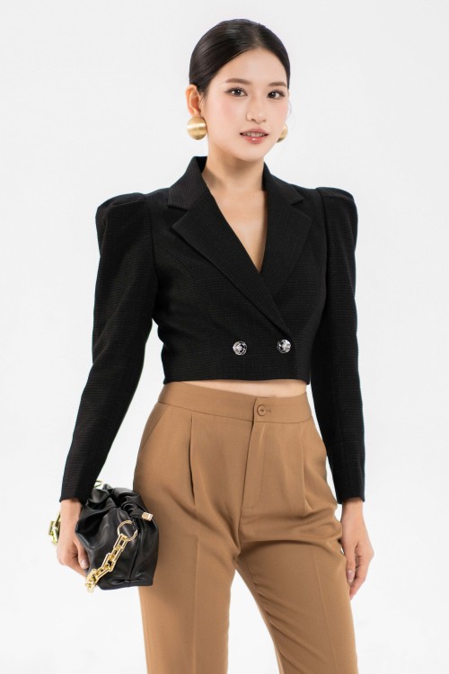 Black Notch Lapel Cropped Woven Vest