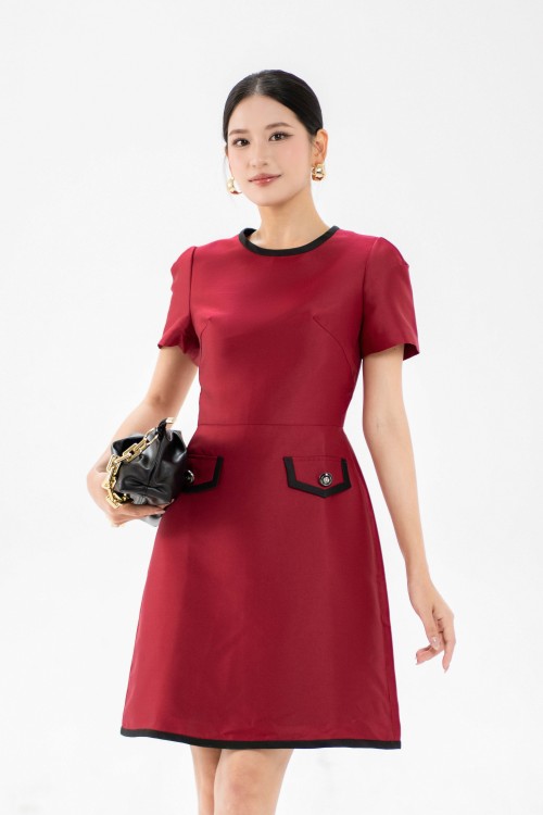 Wine Short Sleeves Mini Taffeta Dress